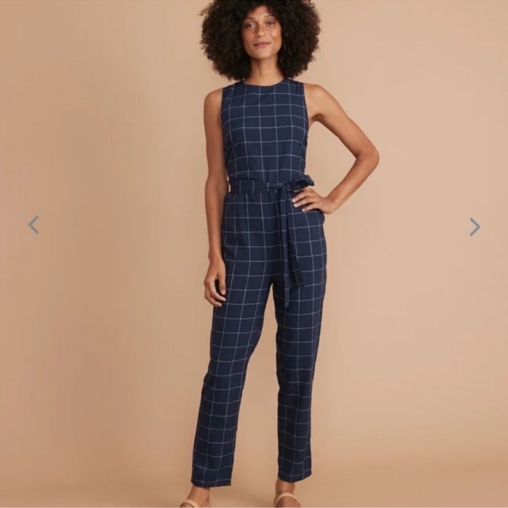 Marine Layer Windowpane Plaid Jumpsuit Size L Navy